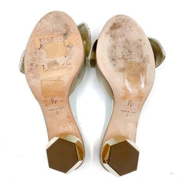 Frances Valentine Bottie Bow Heels Gold Sandals Geodome Slide Leather Sz 7 - Picture 11 of 12